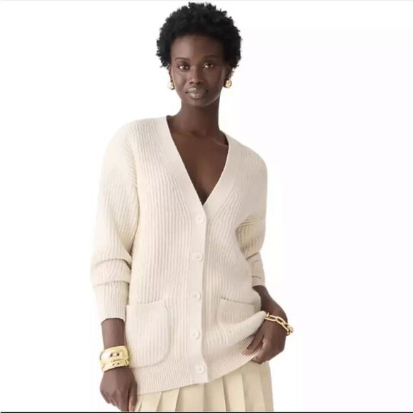 J Crew Ribbed V Neck Cardigan Sweater Womens Small‎ Ivory Muslin Sand - Picture 1 of 9